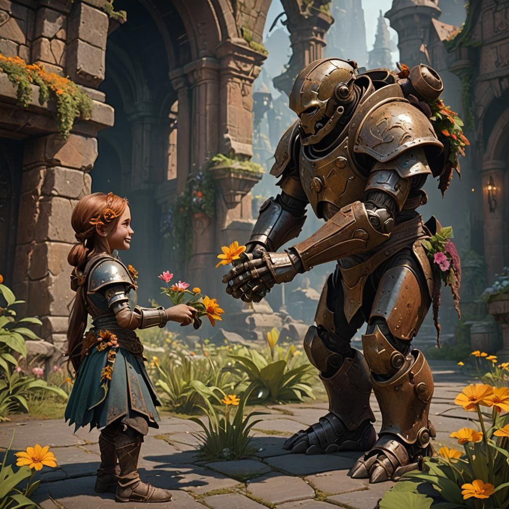 Warforged Giant's Gift to Halfling Girl: Fantasy Art