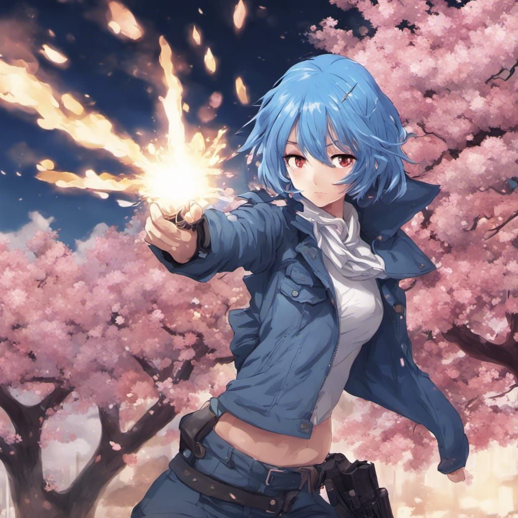 Anime Girl with Guns and Sakura Blossoms