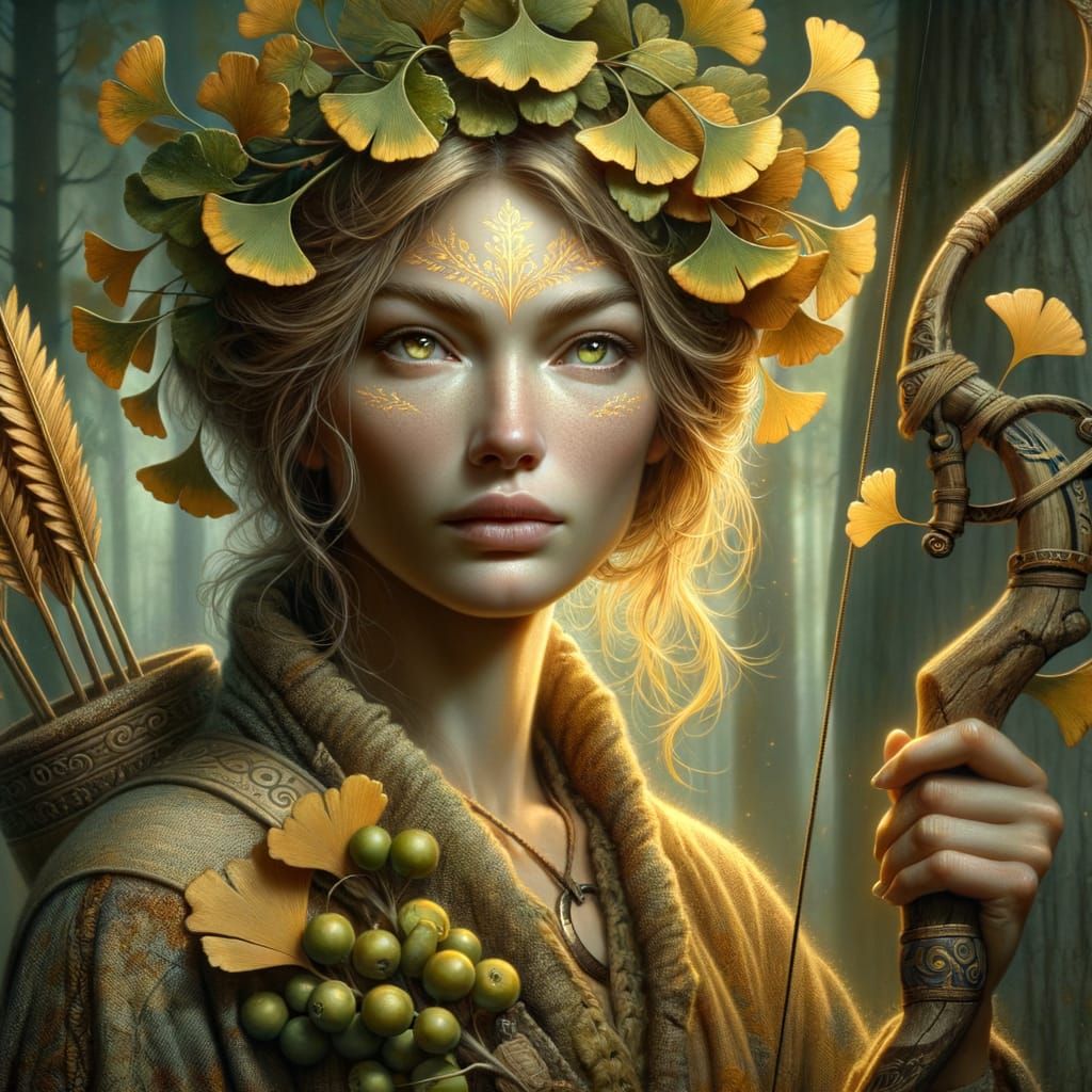 Forest Shaman with Ginkgo Bow in Expressionist Style