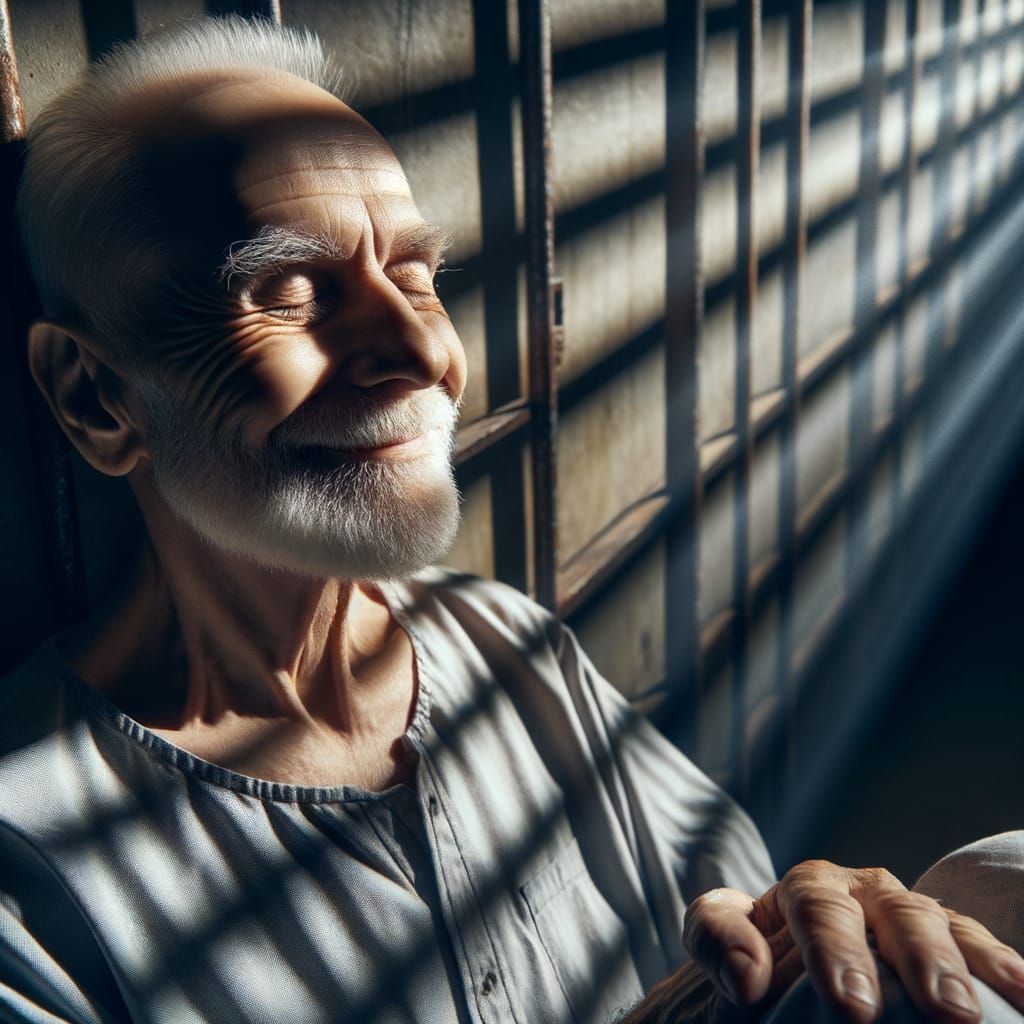 Elderly Man's Peaceful Contentment in Prison Cell