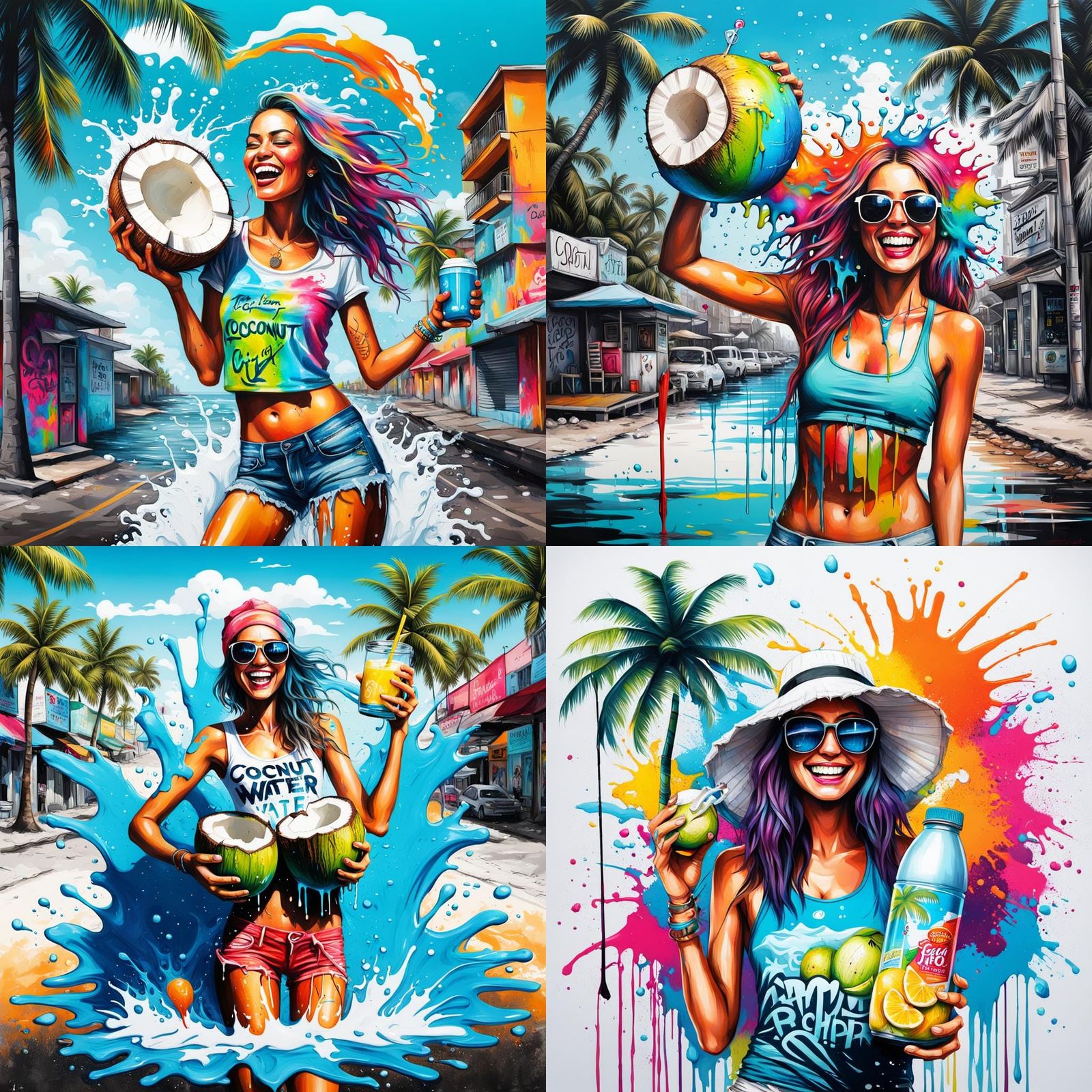Happy Beach Girl with Coconut Water in Graffiti Art