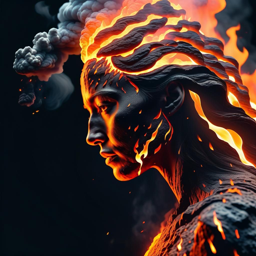 Epic close-up of huge flames forming woman in profile,