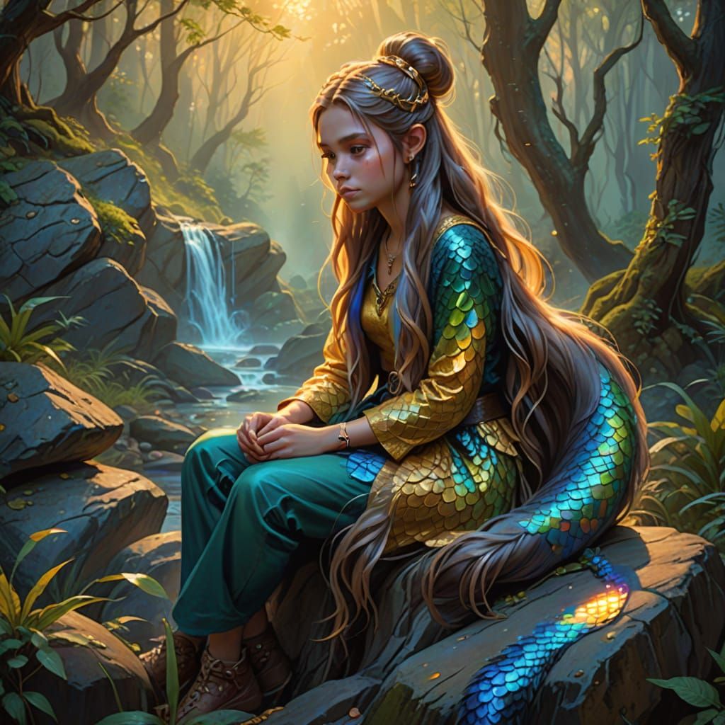 Girl with Tail in Misty Forest: Mythic Realism
