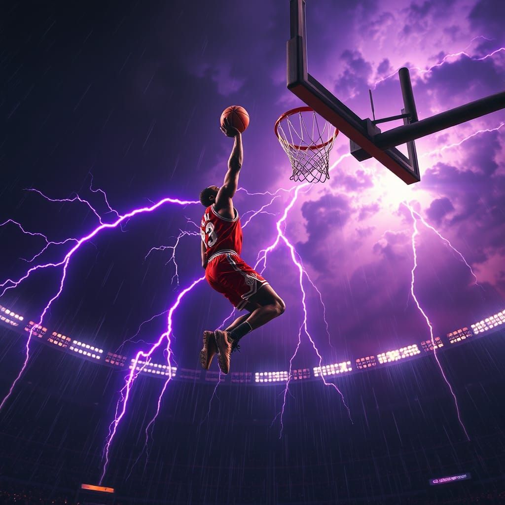 Basketball Dunk in Storm with Purple Lightning
