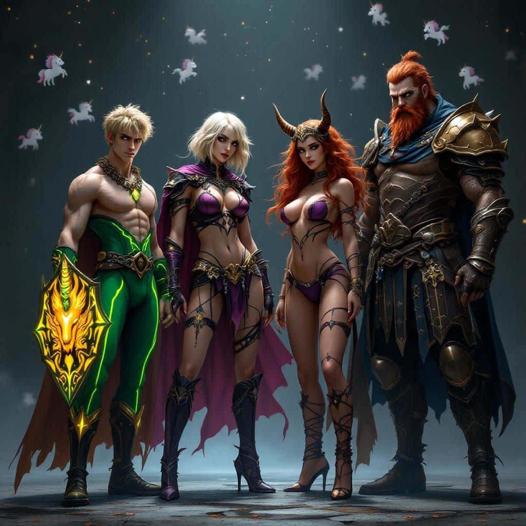 Gothic Fantasy Warriors in Wonderland-Inspired Matte Backgro...