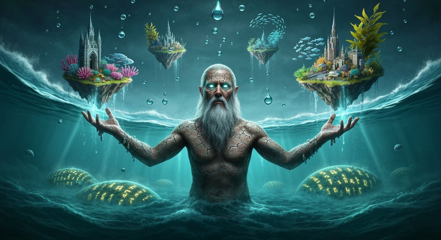 Ancient Wizard Creates Floating Islands in Cosmic Ocean