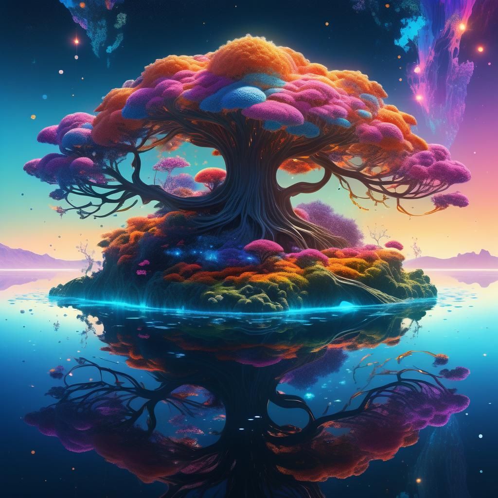 Floating Island with Bioluminescent Flora in Dreamlike Lands...