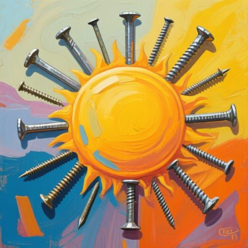 Abstract painting with a sun made up of nails and screws of ...