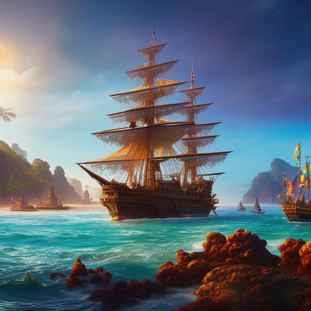 16th Century Galleon on Tropical Beach