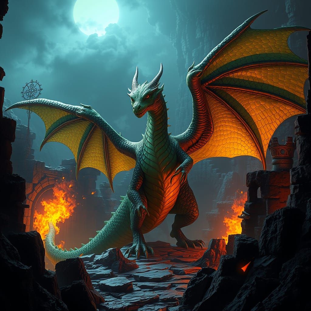 Green Dragon in Ancient Dungeon Ruins