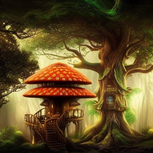 Luminescent Mushroom Treehouse in a Digital Painting