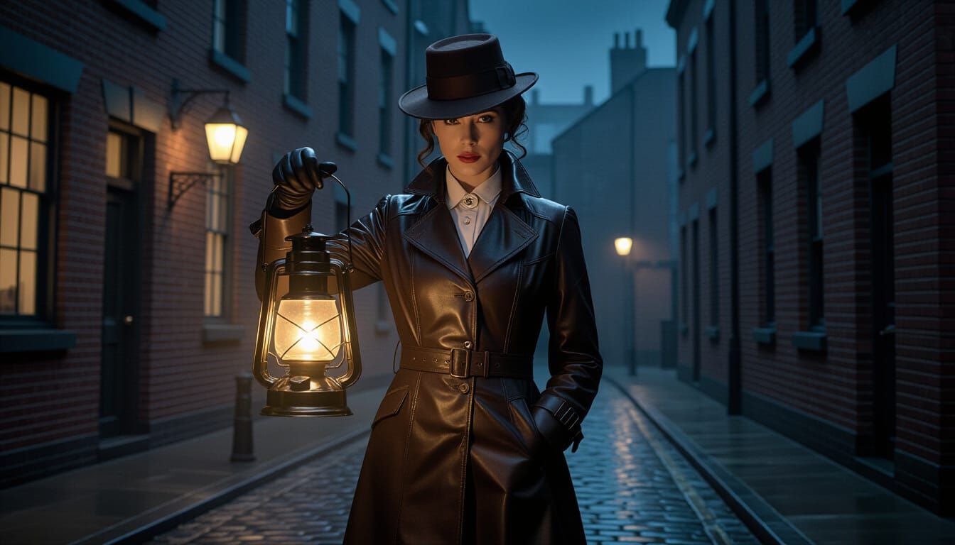 Victorian Detective in Rainy Noir Scene