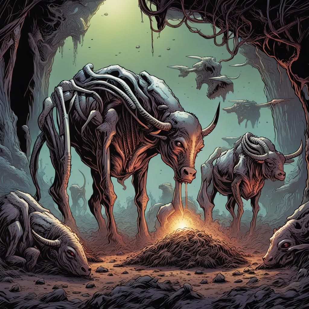 Aliens Eating Cows in Comic Book Style