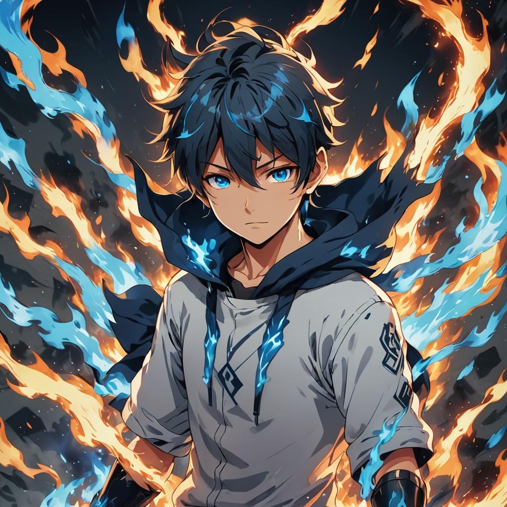 Anime Neko Boy Engulfed in Blue Fire