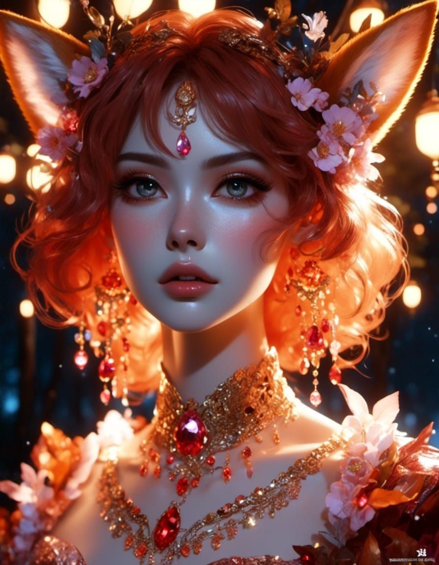 Kitsune Woman Portrait in Whimsical Gothic Fairycore Style