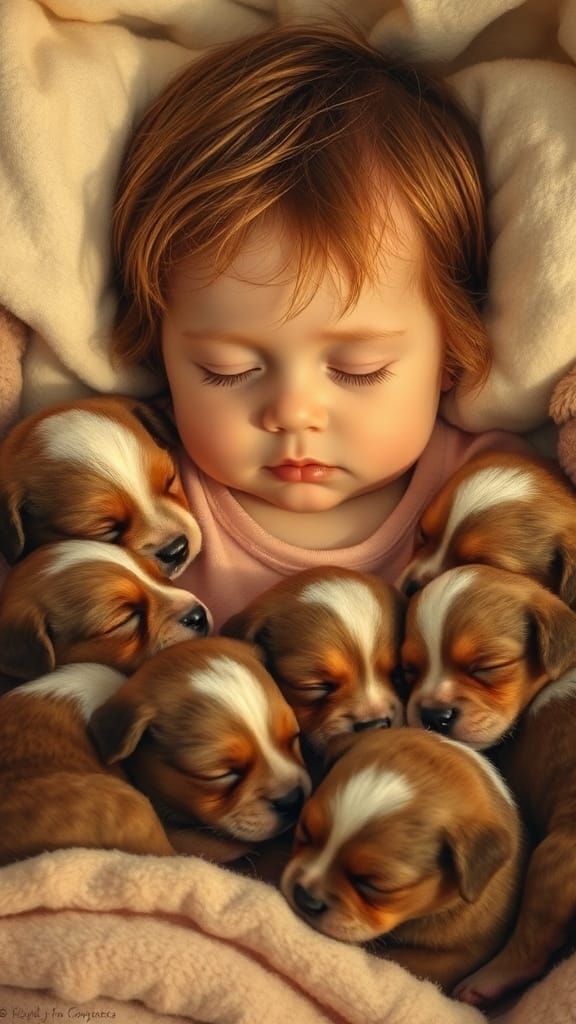 Sleeping Toddler with Puppies: Impressionistic Nursery Scene