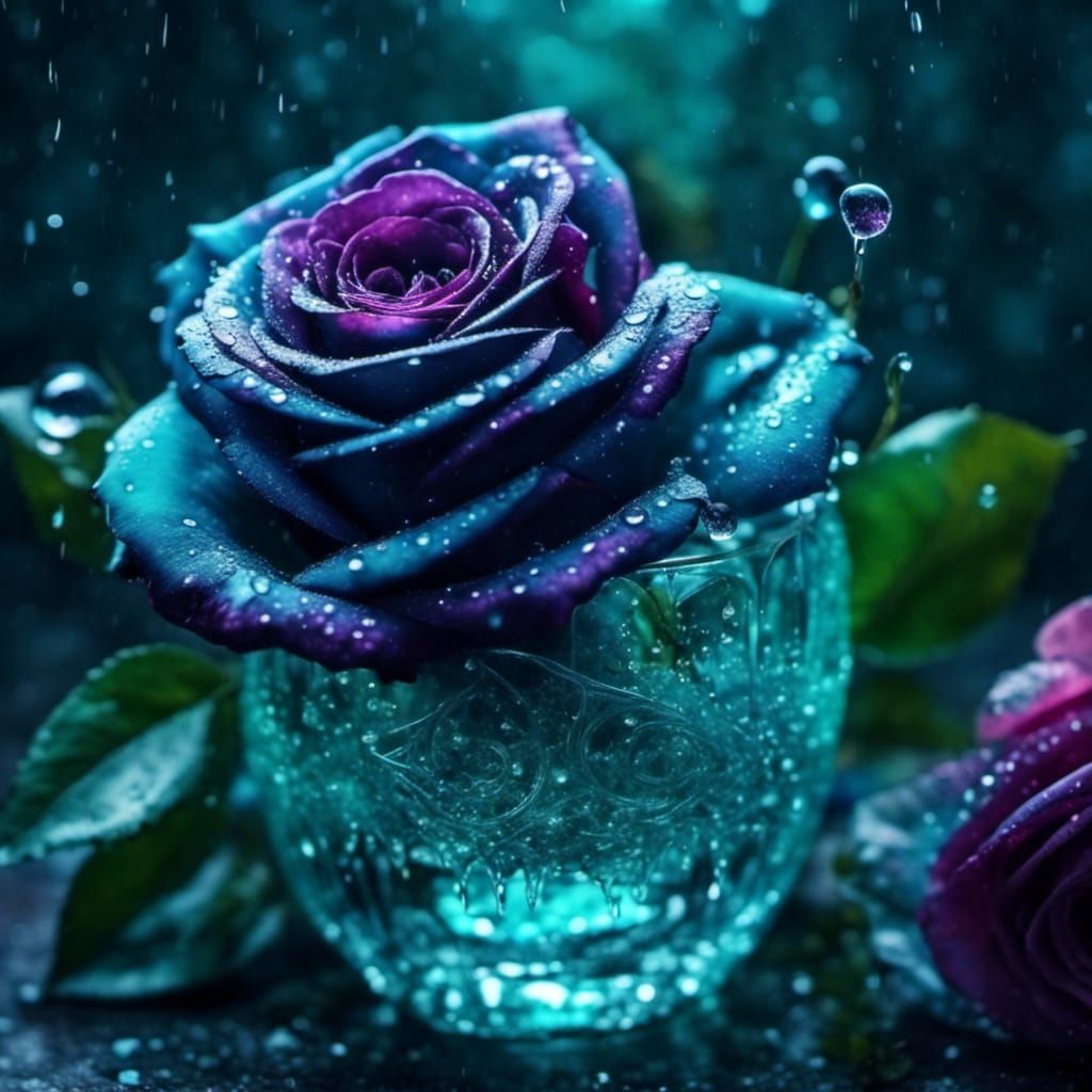 Teal and Purple Roses with Raindrops in Ultra-Realistic Phot...