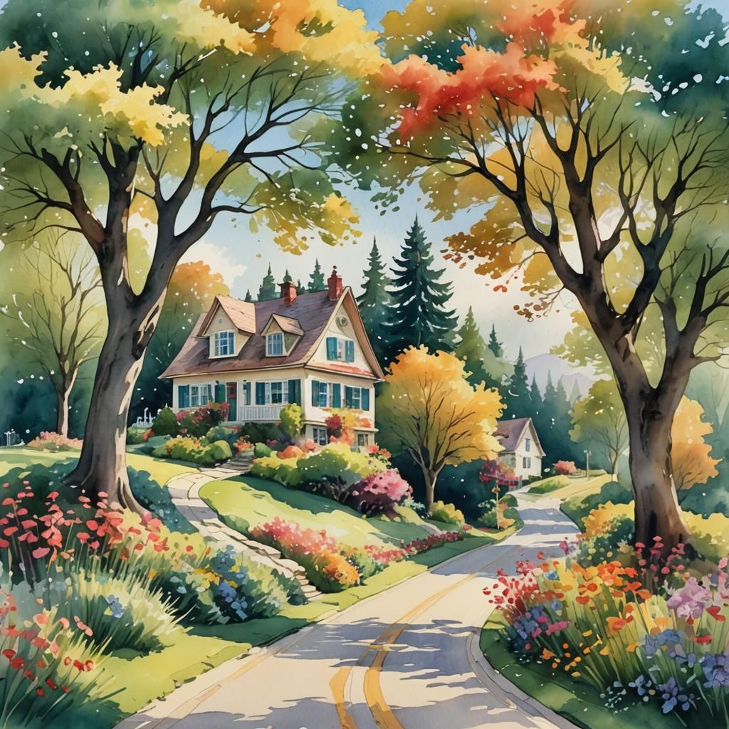 Whimsical Countryside House in Watercolor Style