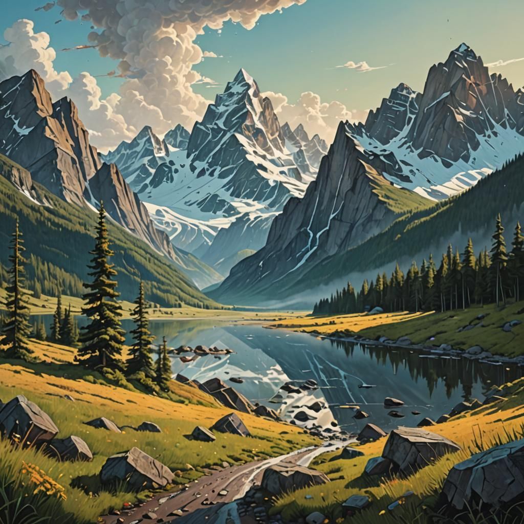 Majestic Mountain Range in Hyperrealistic Style