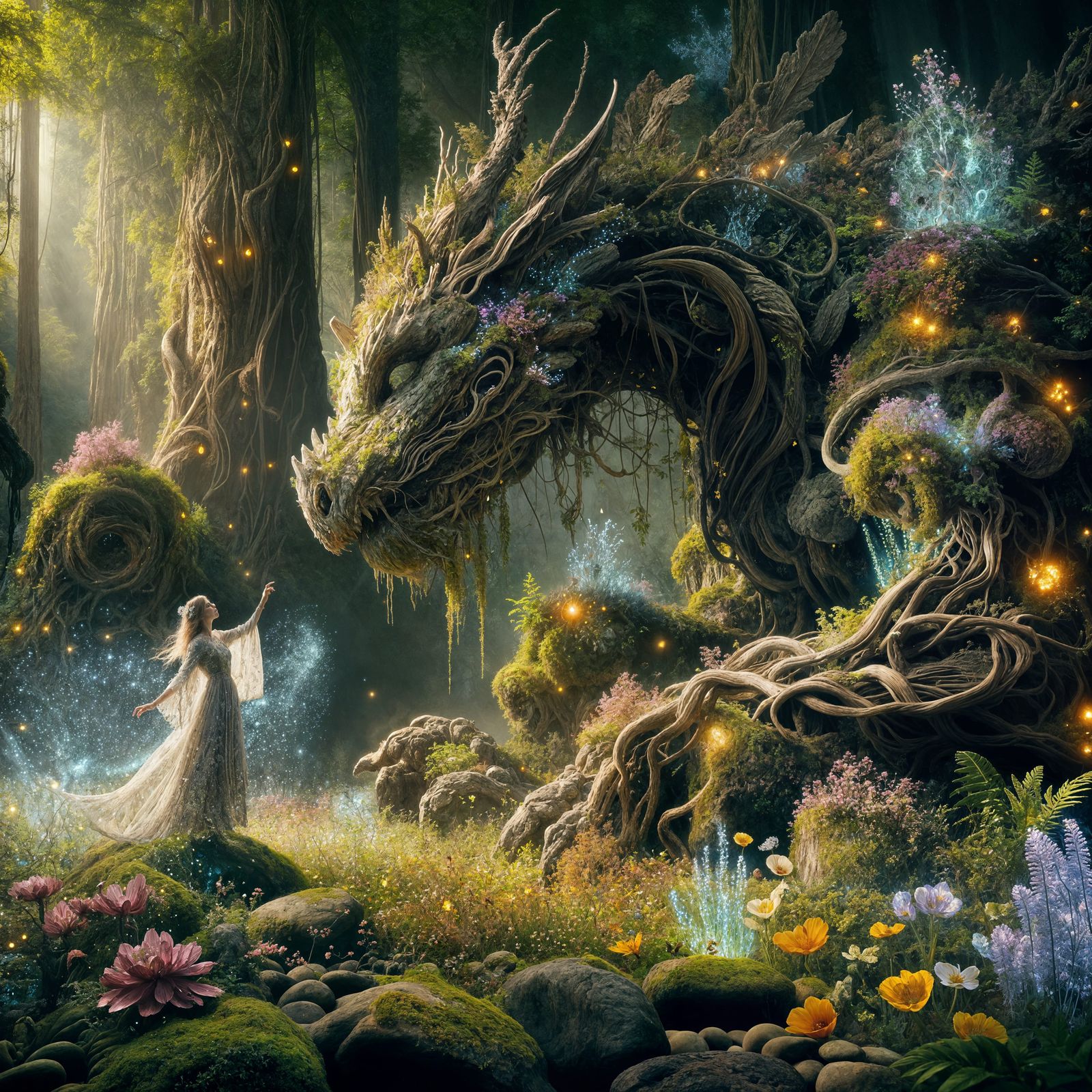 Ethereal Fairy Tale Scene with Floral Goddess and Majestic A...