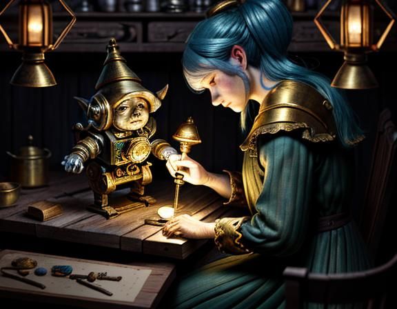 Gnome Repairs Automaton: Dark Fantasy Sketchbook Illustratio...