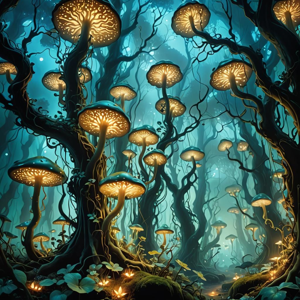 Surreal Bioluminescent Forest in Dreamlike Atmosphere
