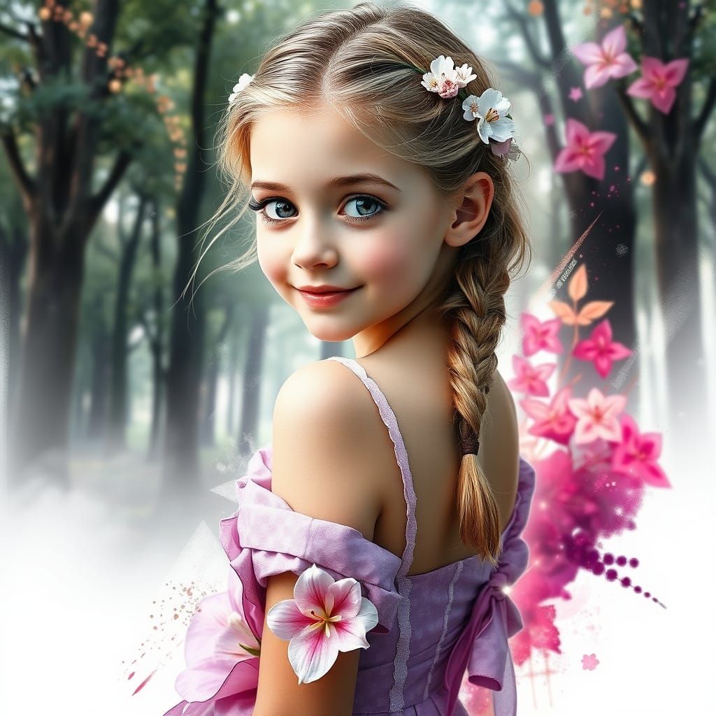 Girl in Lily Dress with Fantasy Forest, 3D Art