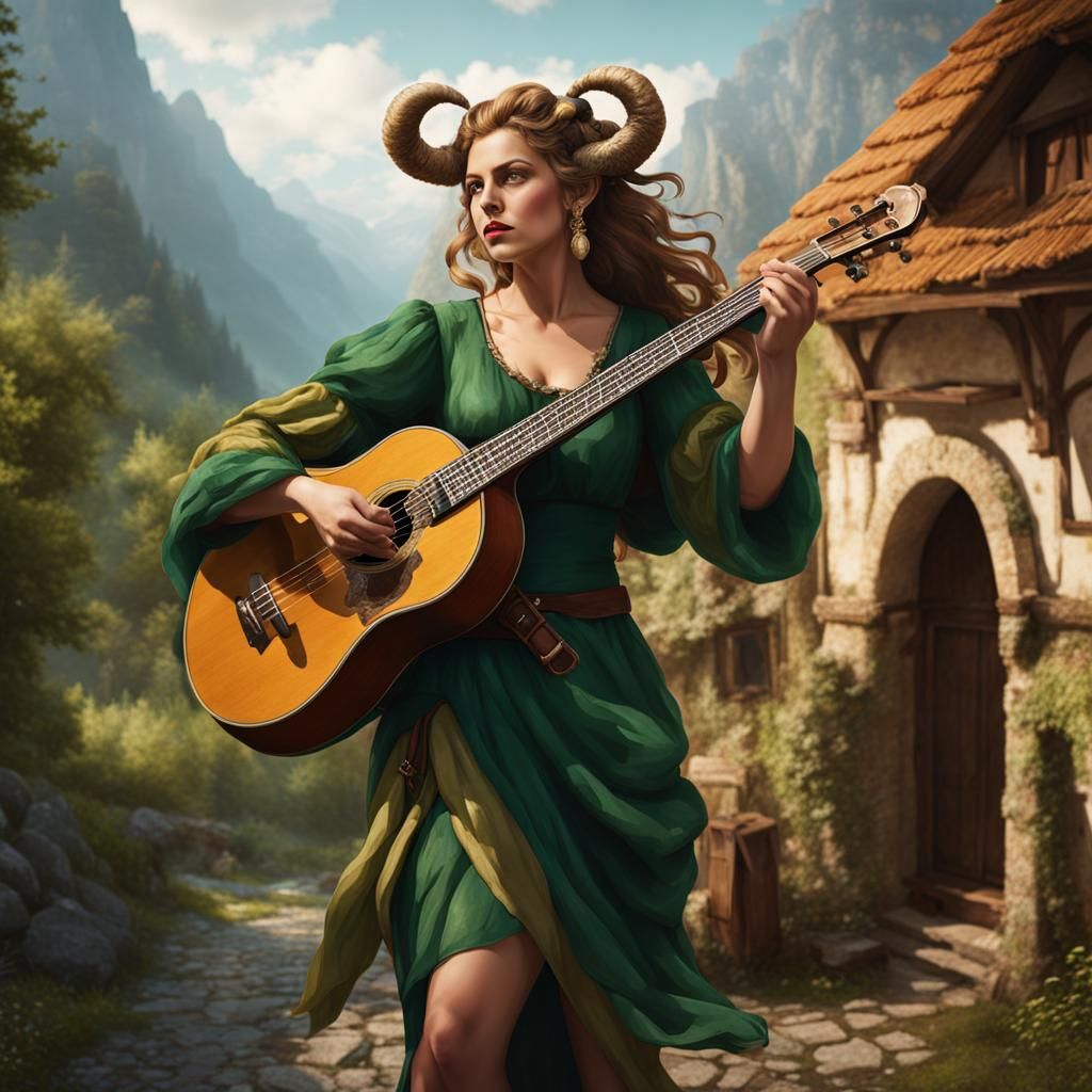 Traveling Satyr Bard Woman in Green Dress