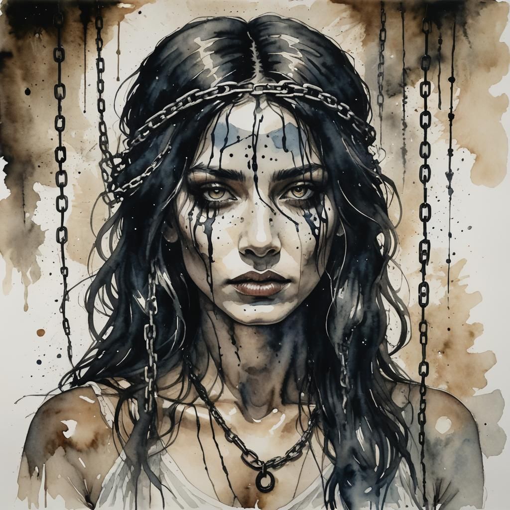Captivating Watercolor of Blindfolded Woman in Chains