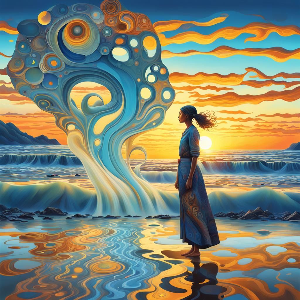Surreal Water Woman at Sunrise, Art Nouveau Style