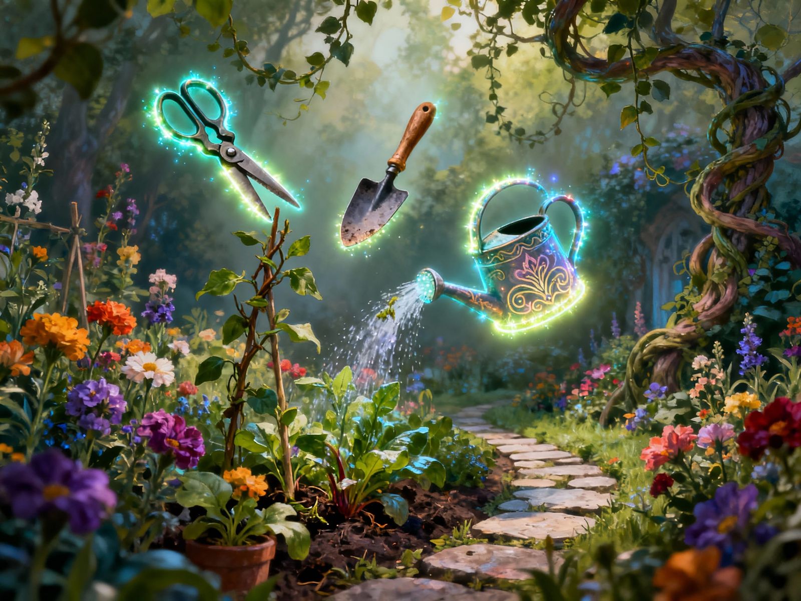 Magical Floating Garden Tools in Enchanted Garden