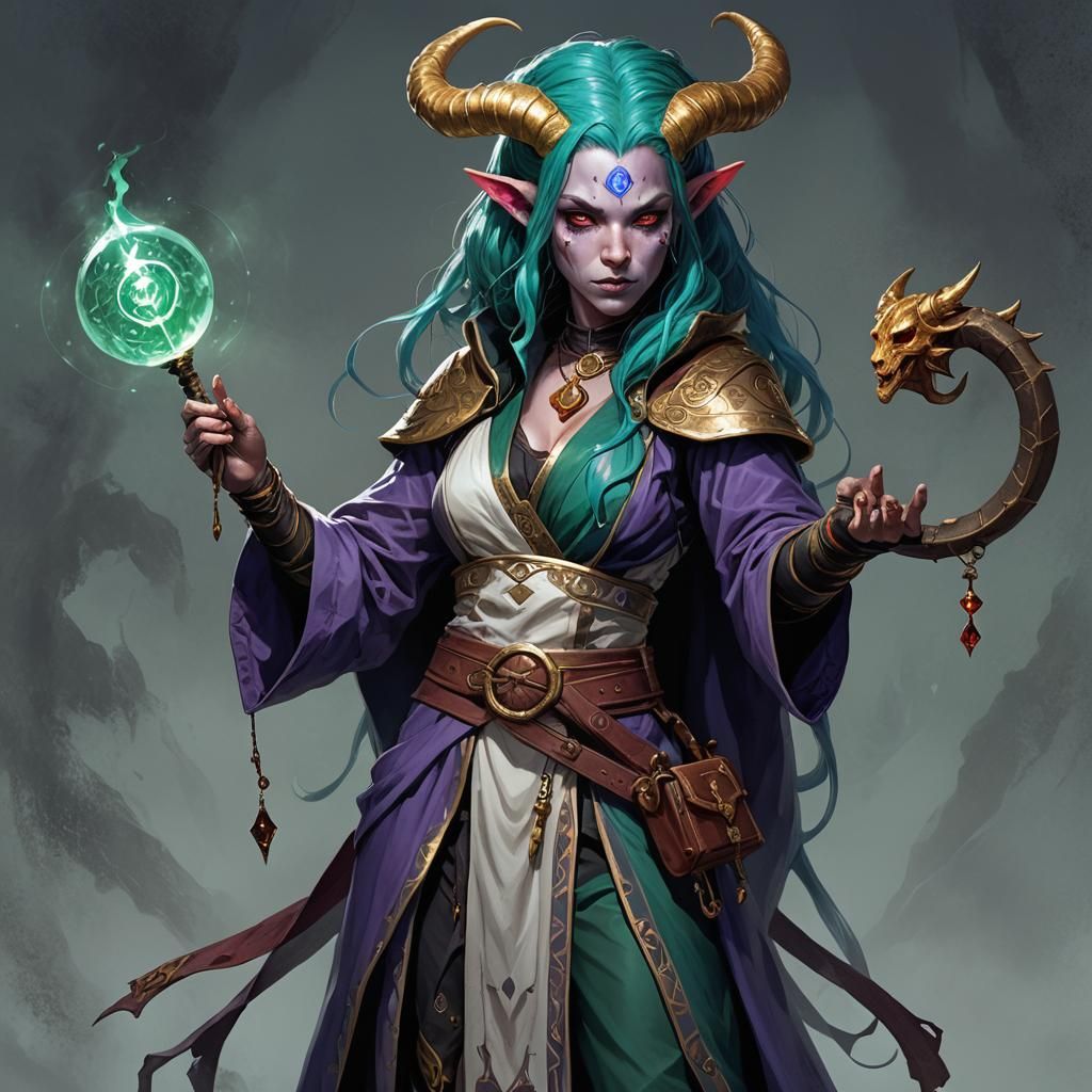 Tiefling Summoner with Crystal Staff: Dark Fantasy Art