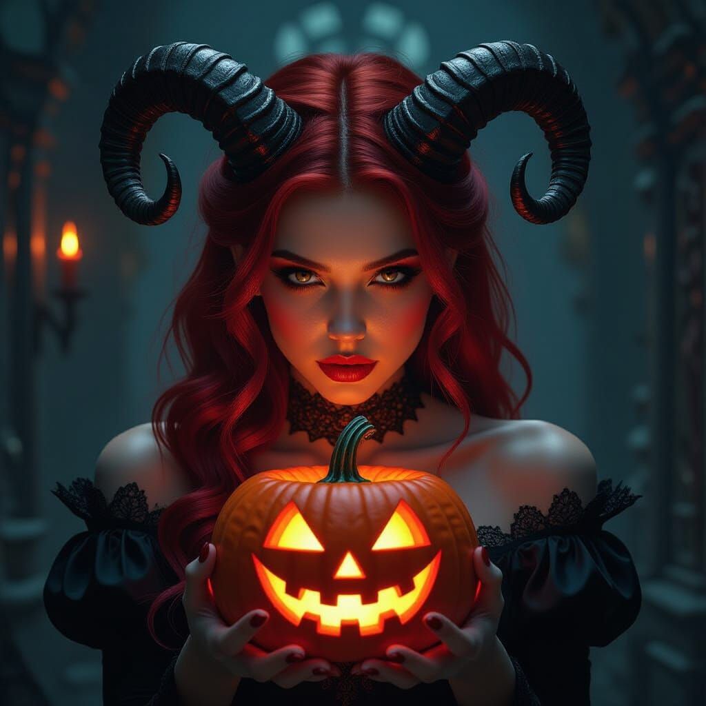 Gothic Portrait of Red-Skinned Woman with Glowing Jack-o'-La...