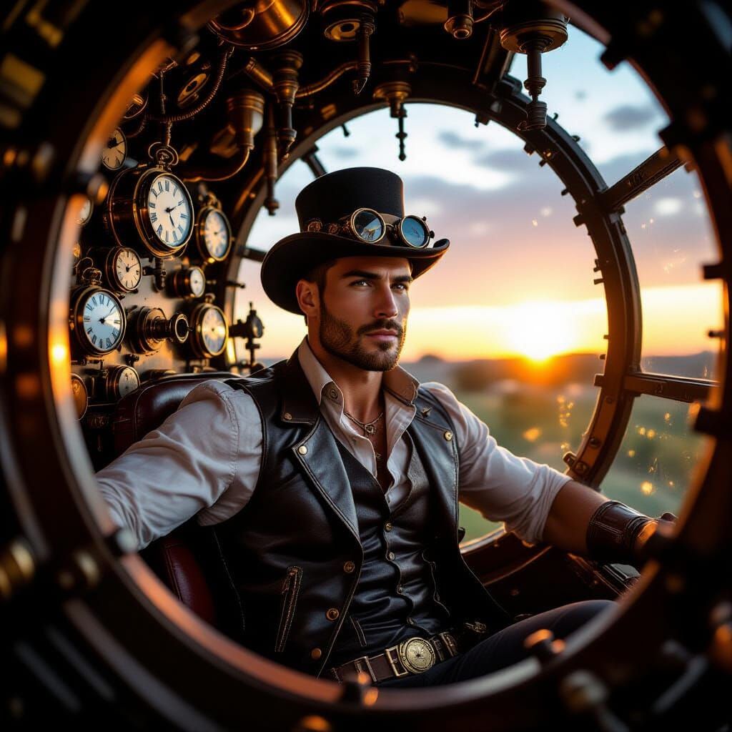 Steampunk Time Traveler at Dawn, Professional Photography