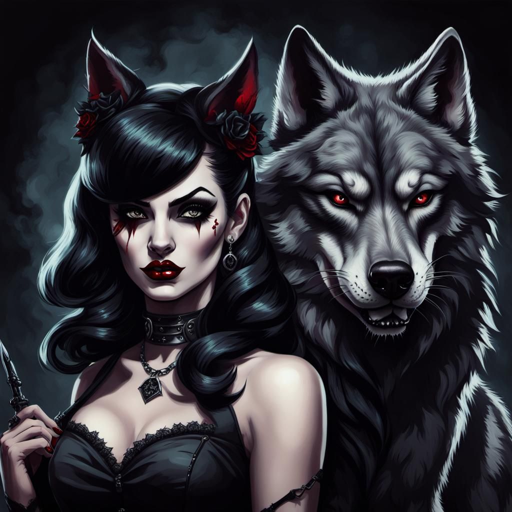 Dark Goth Pinup Girl with Wolf