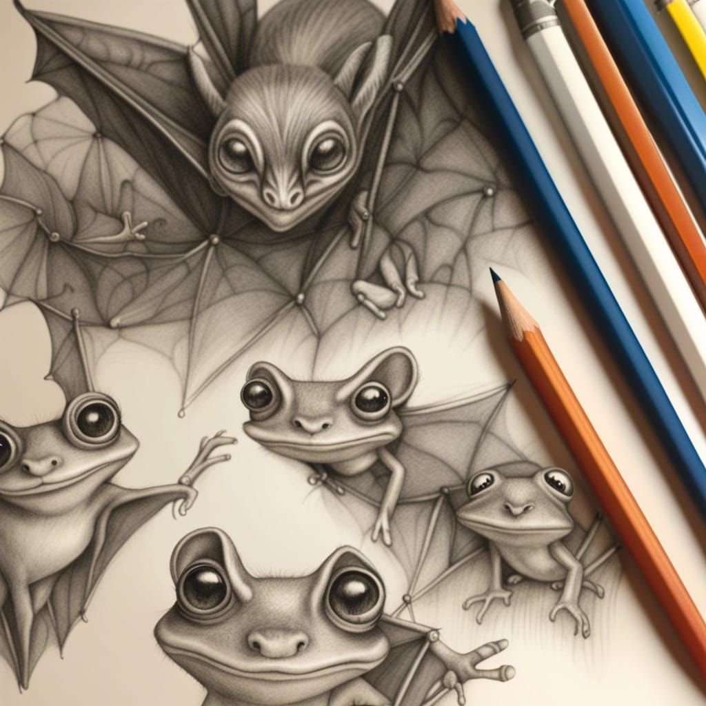 Cute Bat-Frogs in Detailed Charcoal Drawing