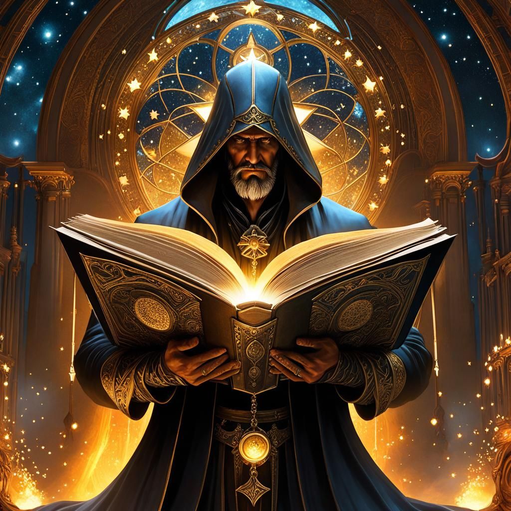 Fantasy Sorcerer Reading Spellbook in Space