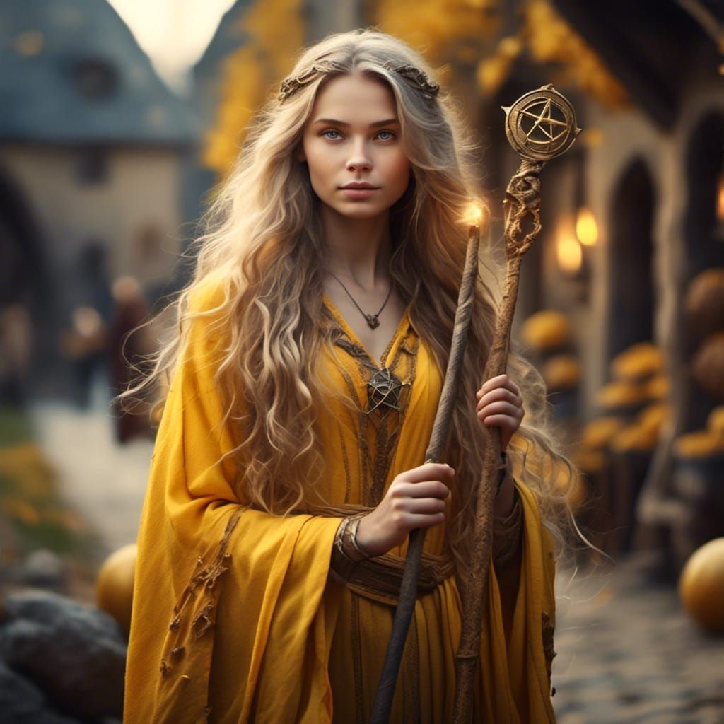 Beautiful Young Wizard Leaning on Staff in Hyperreal Style