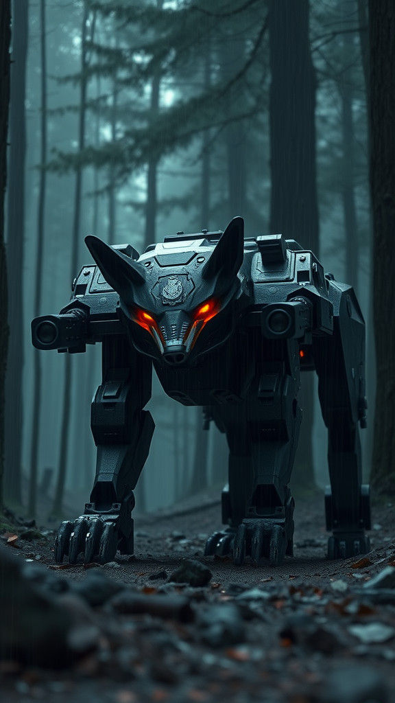 Mecha War Wolf Robot in Rainy Forest
