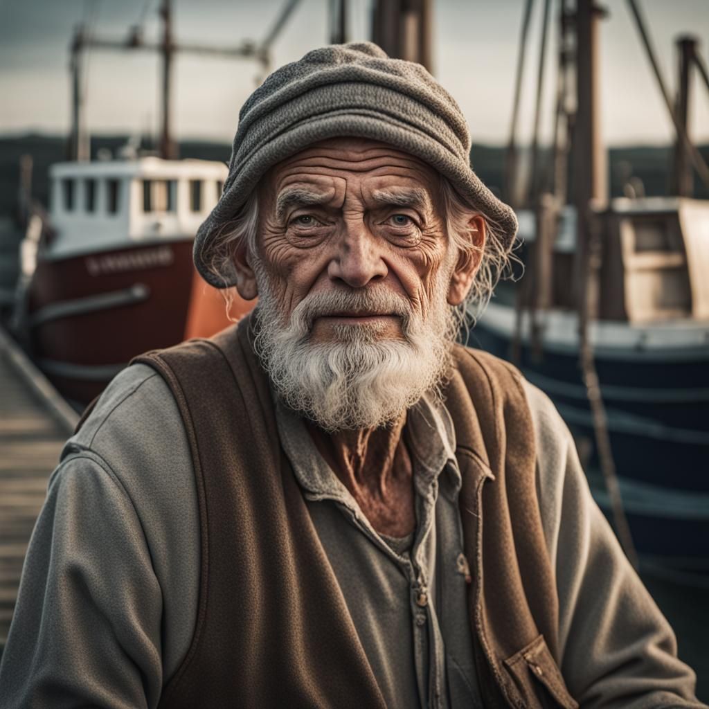 Detailed Portrait of an Old Fisherman in Hyperrealism