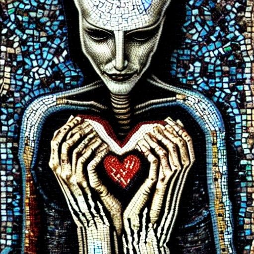 Emaciated Woman Holding Heart in Biomechanical Mosaic Style