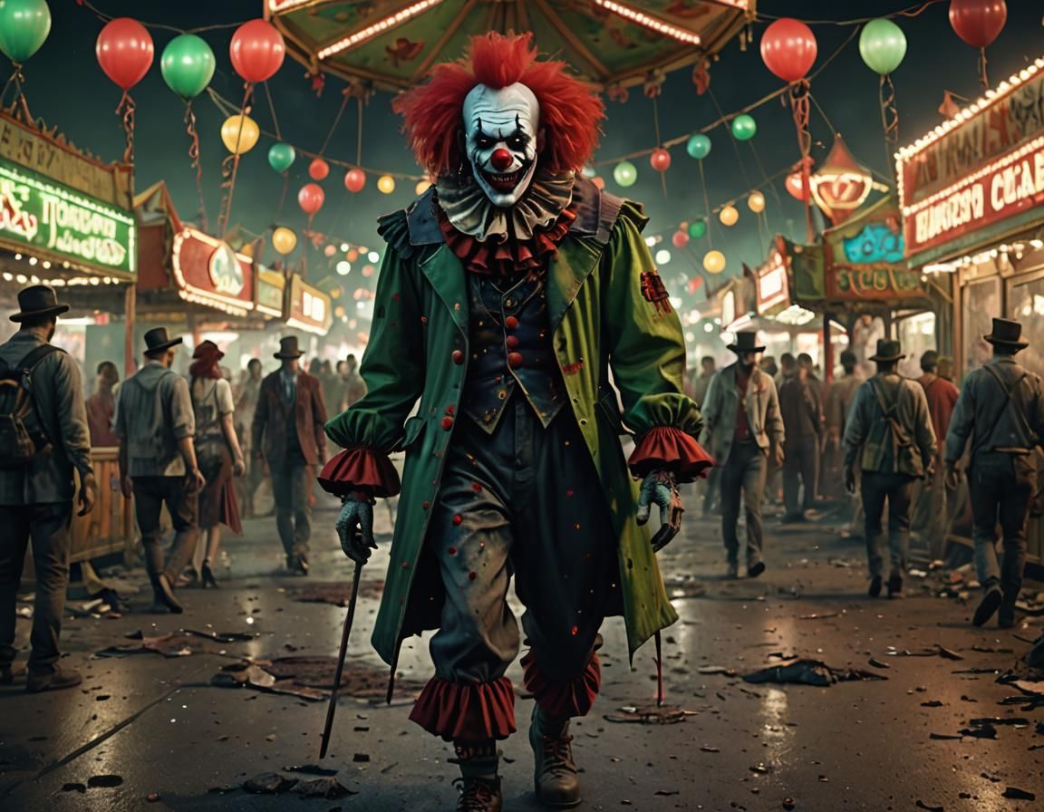 Zombie Clown Walks Through Rundown Carnival at Night