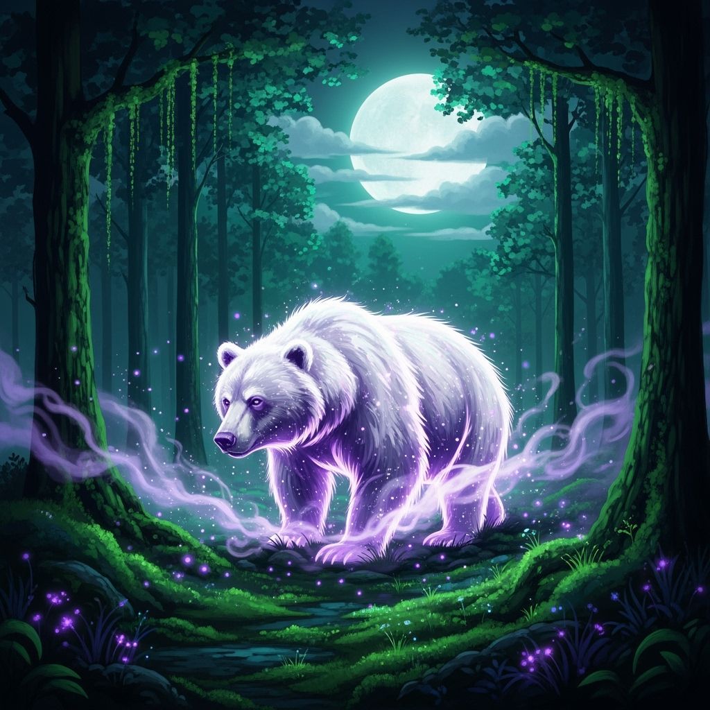 Ethereal Glowing Bear Walks in Dark Forest