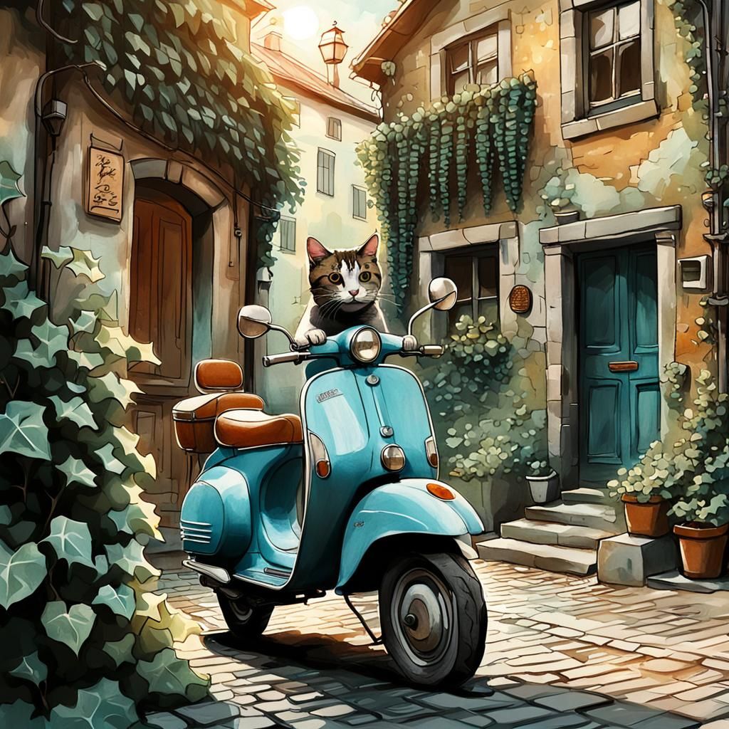 Cat Humanoid on Vespa: Hergé-Inspired Illustration
