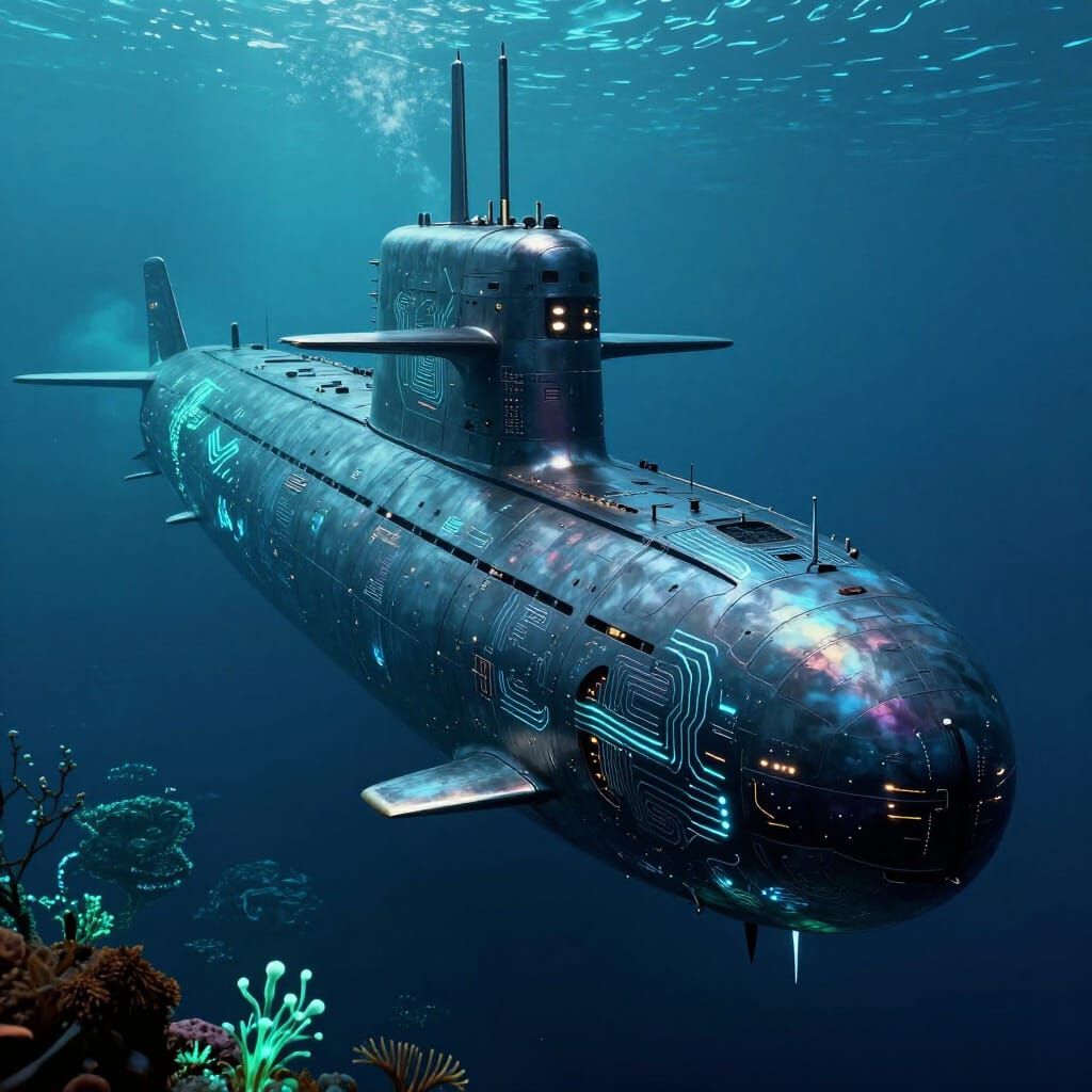 Cyberpunk Nuclear Submarine in Neon Depths