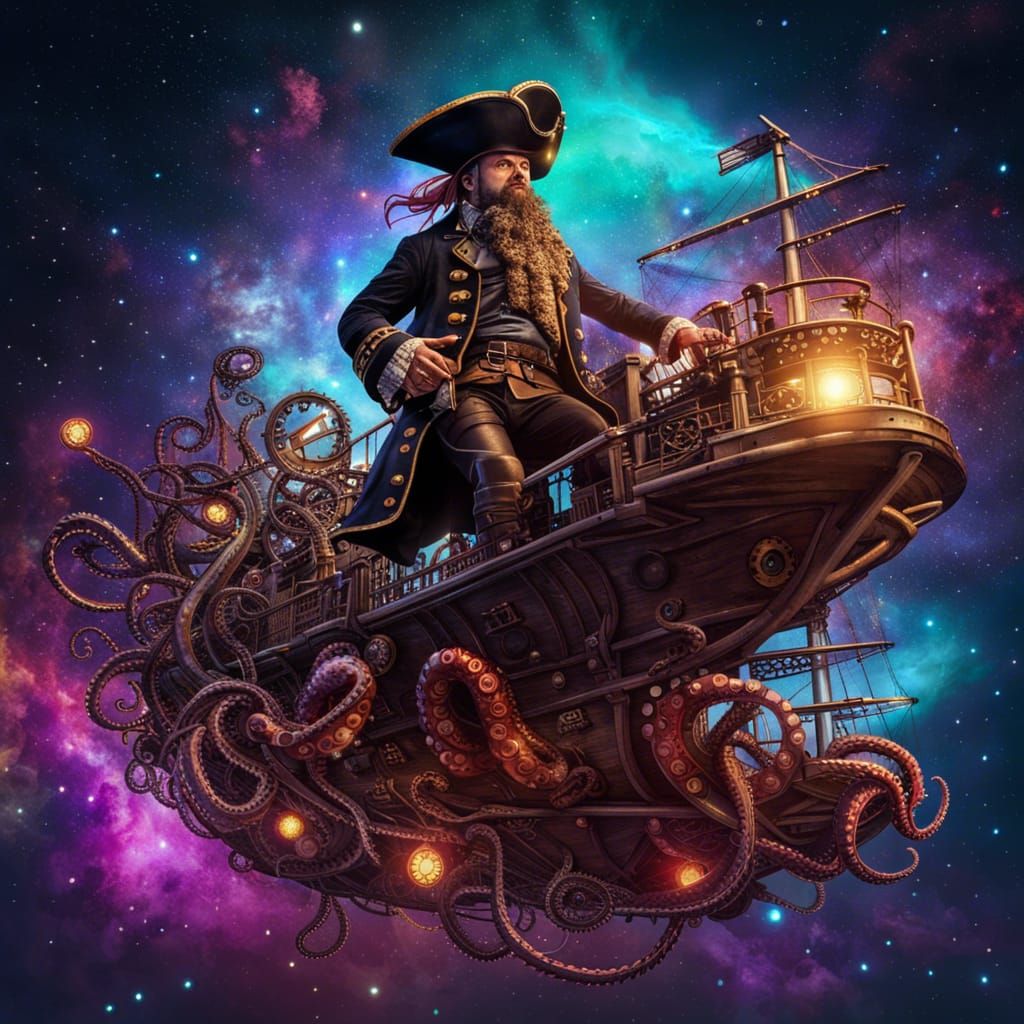 Steampunk Space Pirate Ship Amidst Galaxy