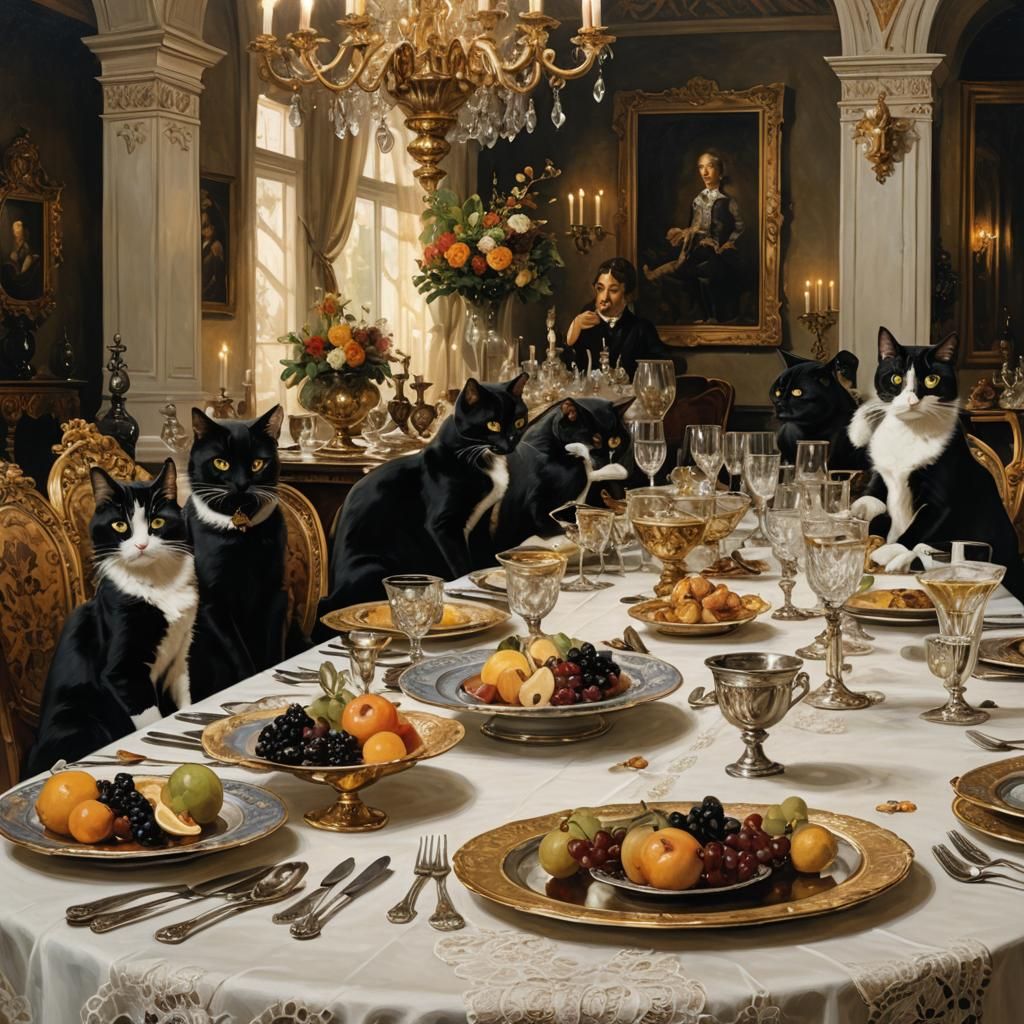 Elegant Table Scene with Feline Intruder
