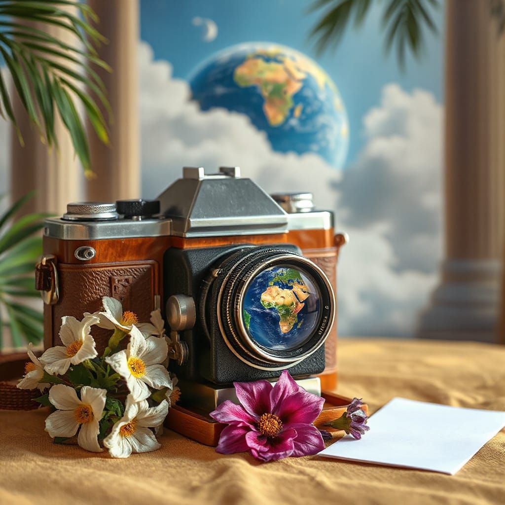 Vintage Camera with Flowers and Earth Backdrop