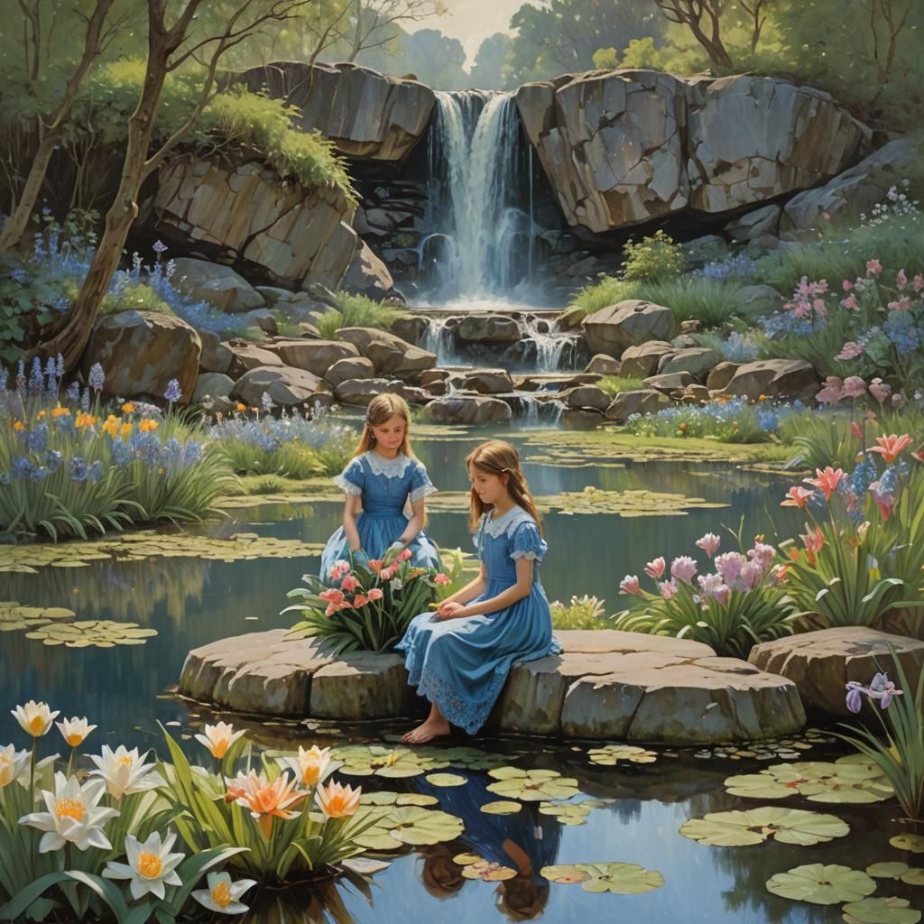 Girls Collecting Lilies by Pond, Oil Painting