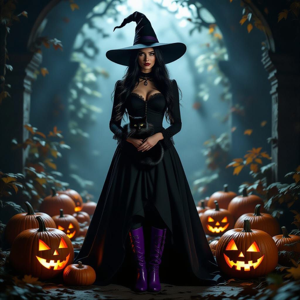 Hyperrealistic Witch with Black Cat and Pumpkins